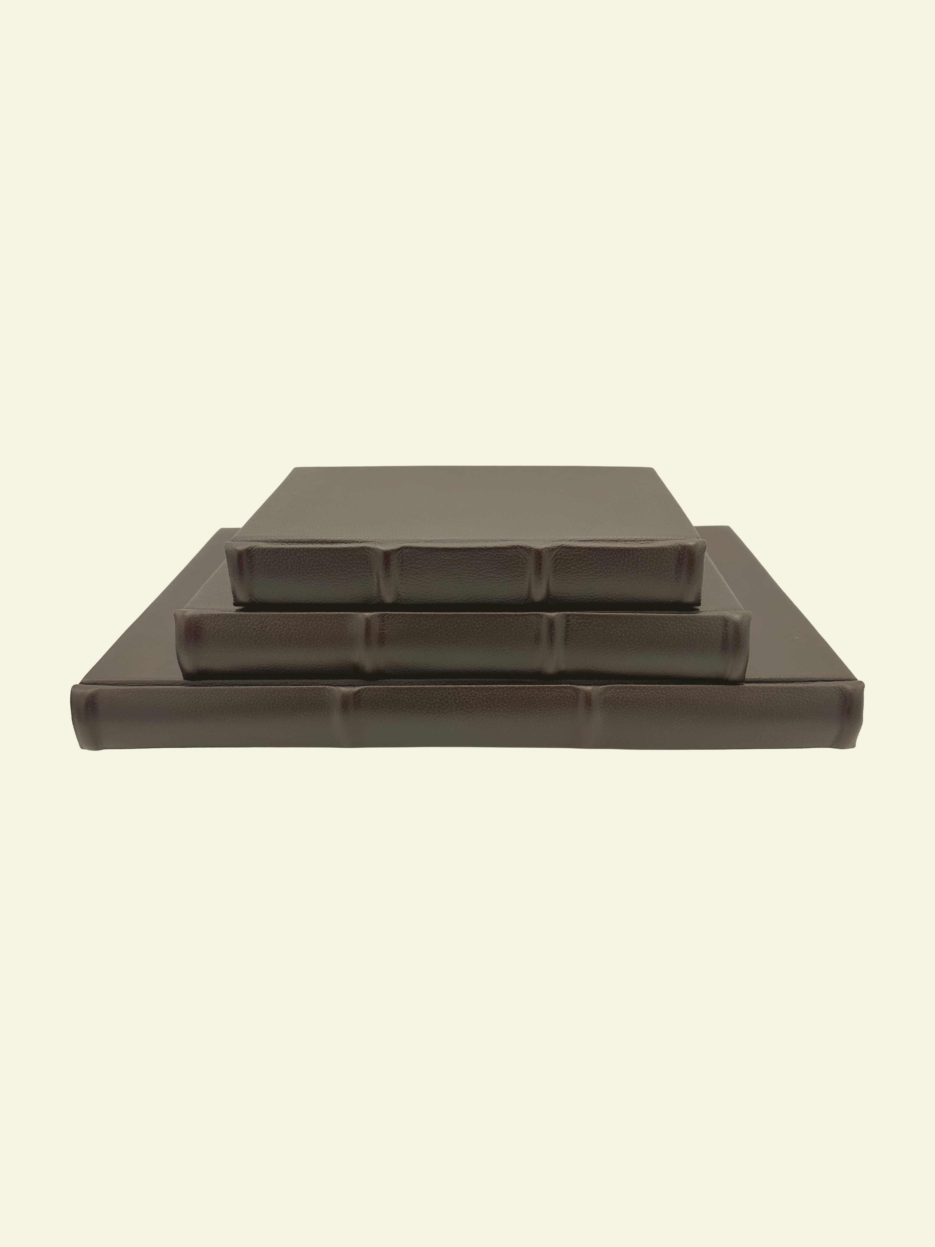 Classic leather journals with raised ridges and rounded spine detail