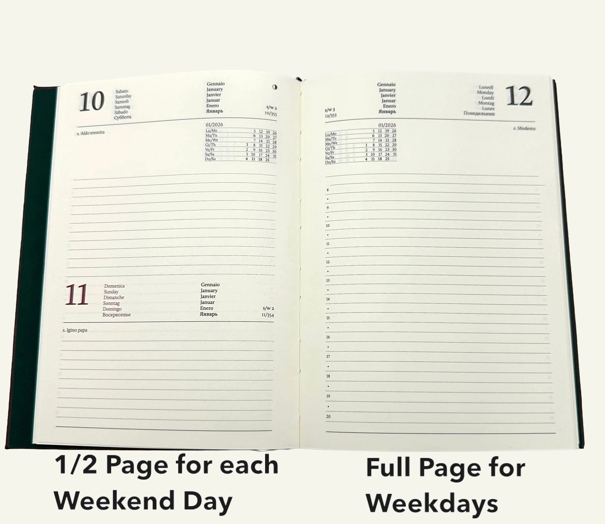 Refillable day planner insert with half page for each weekend and & full page for each weekday