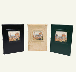 Three leather journals in black, distressed sand, and forest green featuring Florence Skyline artwork.