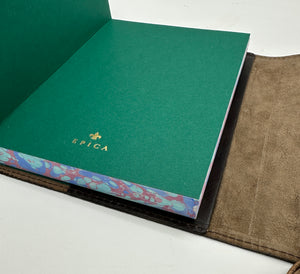 Refillable wrap style leather journal with blue and burgundy marbled edges