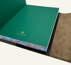 Refillable wrap style leather journal with blue and burgundy marbled edges