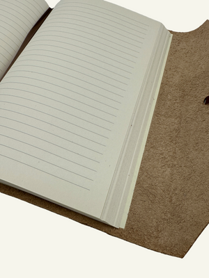 Close-up of lined archival-quality paper inside the handmade Italian leather wrap journal.