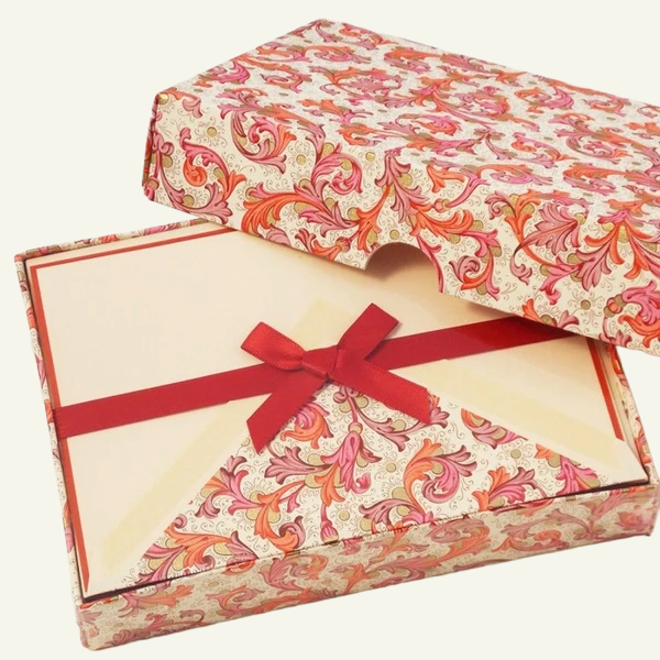 Red Florentine Folded Note Cards With Matching Envelopes - 10 pack in Gift Box