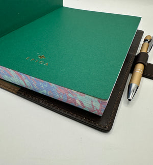 Refillable Espresso Italian leather journal with Clasp Closure and Lined marbled blue & burgundy edges
