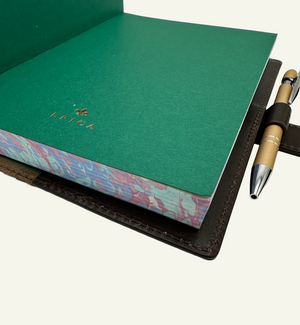 Refillable Espresso Italian leather journal with Clasp Closure and Lined marbled blue & burgundy edges