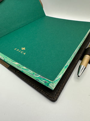 Refillable Espresso Italian leather journal with Clasp Closure and Lined marbled green & ivory edges