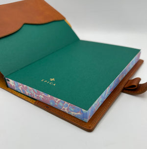 Refillable Saddle Brown Italian leather journal with Clasp Closure and Lined marbled blue & burgundy edges