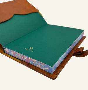 Refillable Saddle Brown Italian leather journal with Clasp Closure and Lined marbled blue & burgundy edges