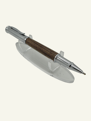 Italian-made rollerball pen featuring a natural wood barrel and chrome trim