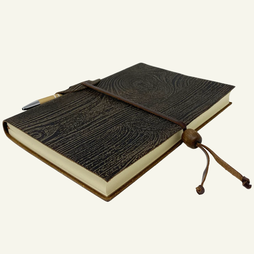 Suede Wood Grain Leather Lined Journal with Pen Holder