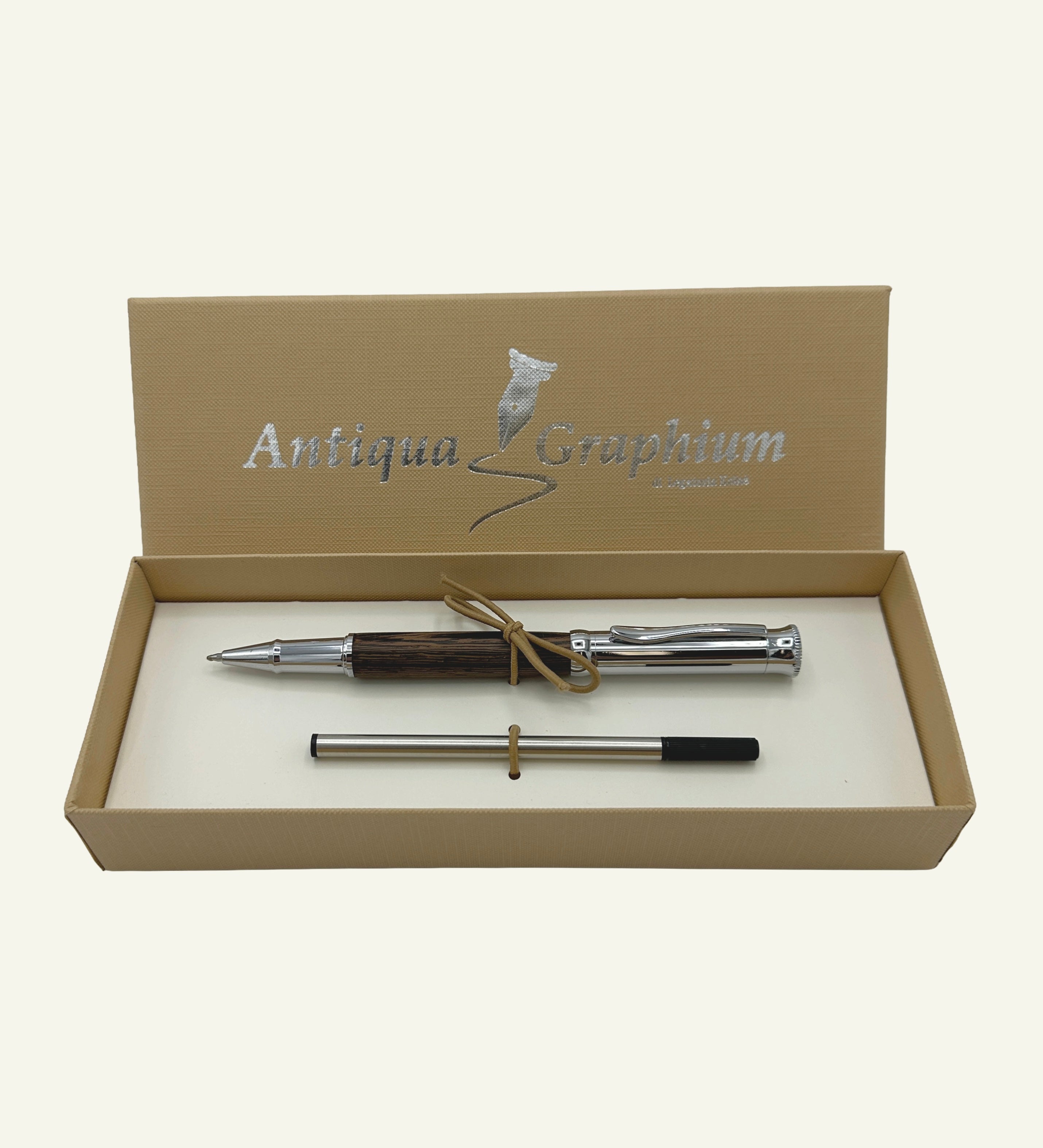 Italian wood barrel rollerball pen with polished chrome cap presented in a premium gift box with extra black ink refill.