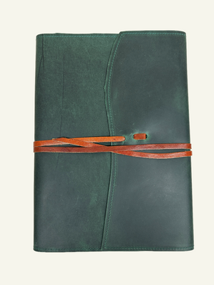 Large 9x12 size Forest green softcover refillable leather journal with brown leather wrap closure