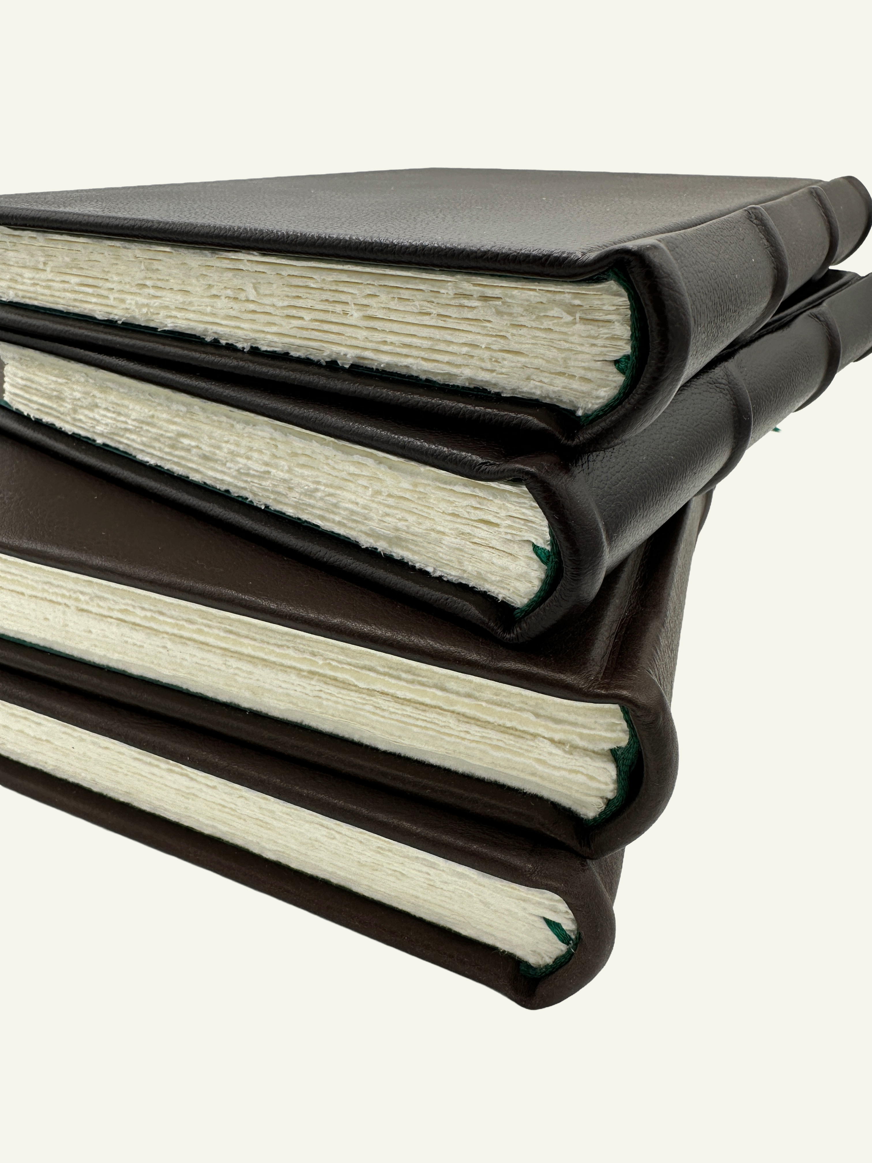 Handcrafted Italian leather journals and guestbooks featuring handmade Amalfi paper and a green ribbon bookmark