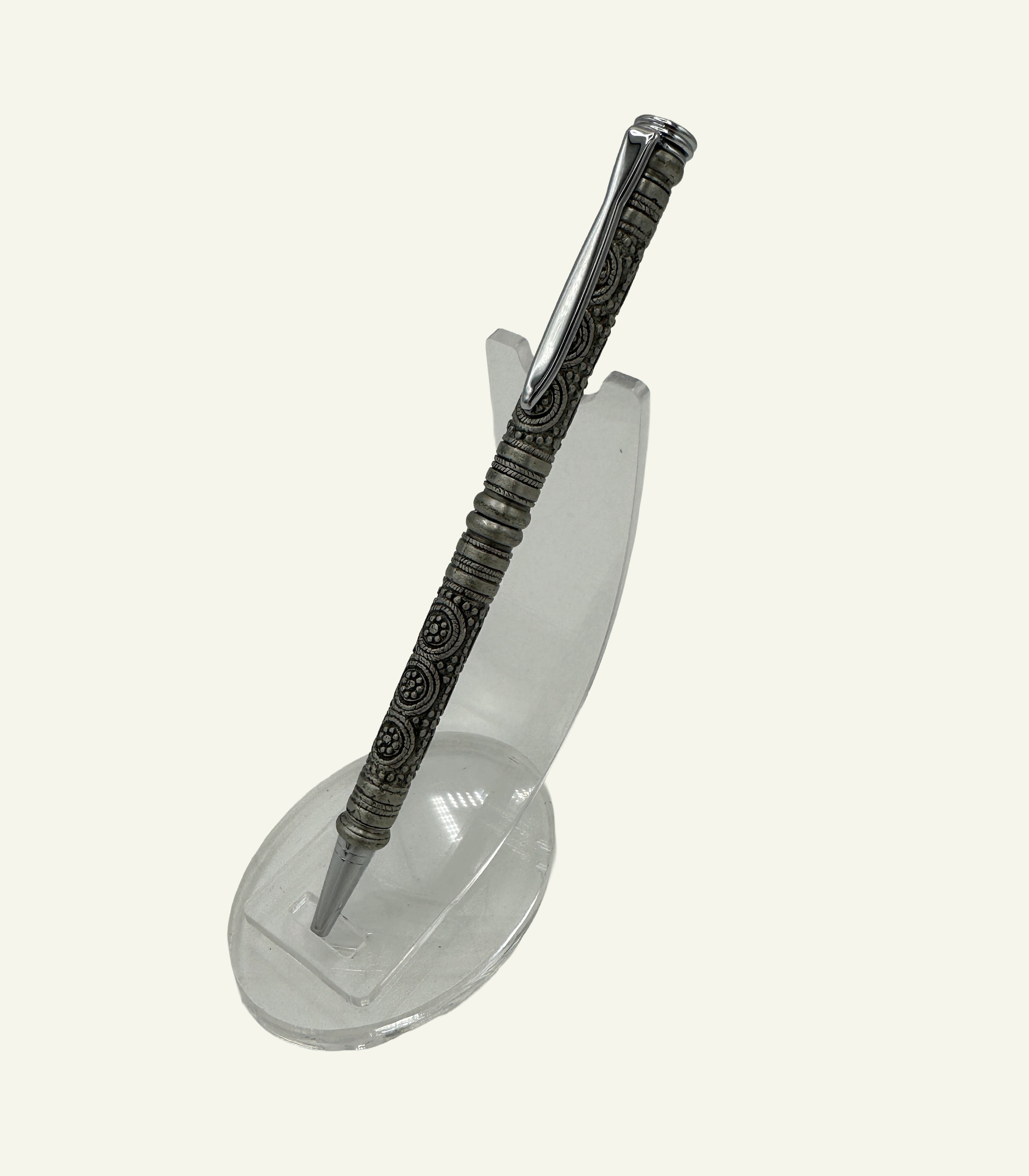 Side view of Barocco slim ballpoint pen showing detailed engraved design