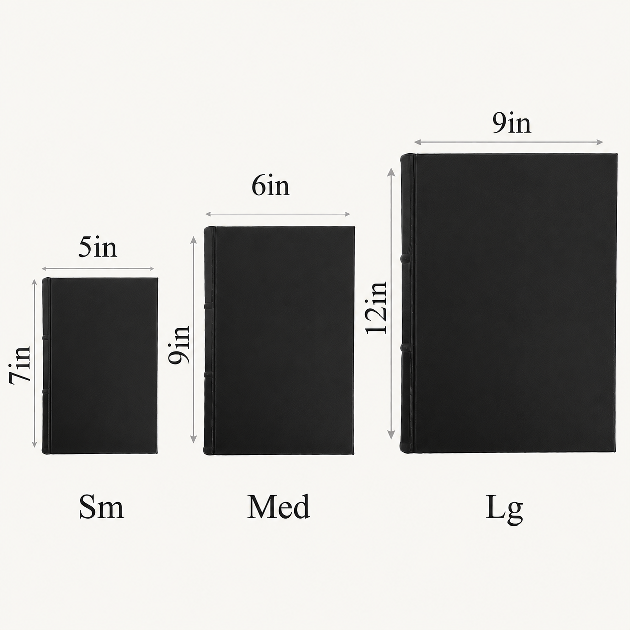 Refillable black leather journals in 3 sizes - Small, Medium & Large