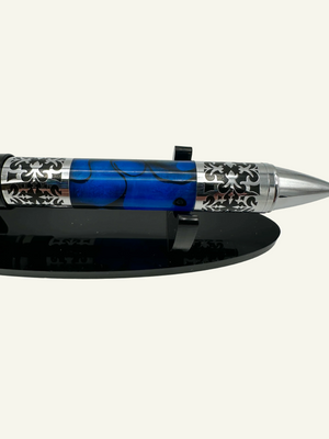 Silver Filigree and Blue Resin Barrel Ballpoint Pen