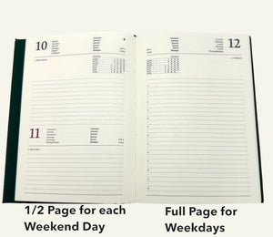 Refillable day planner insert with half page for each weekend and & full page for each weekday 