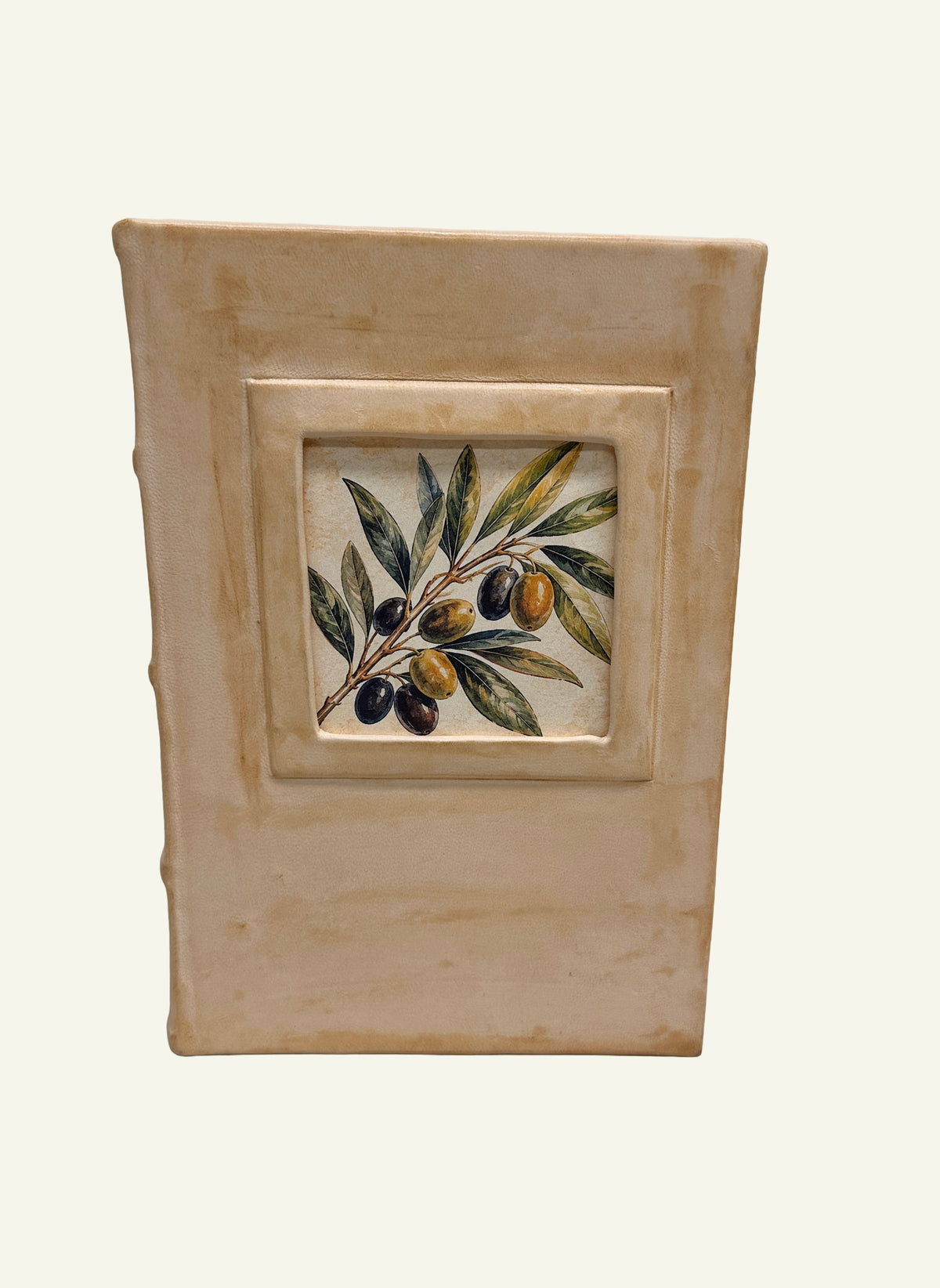 Distressed sand leather journal featuring an Italian olive branch illustration in the portrait window.