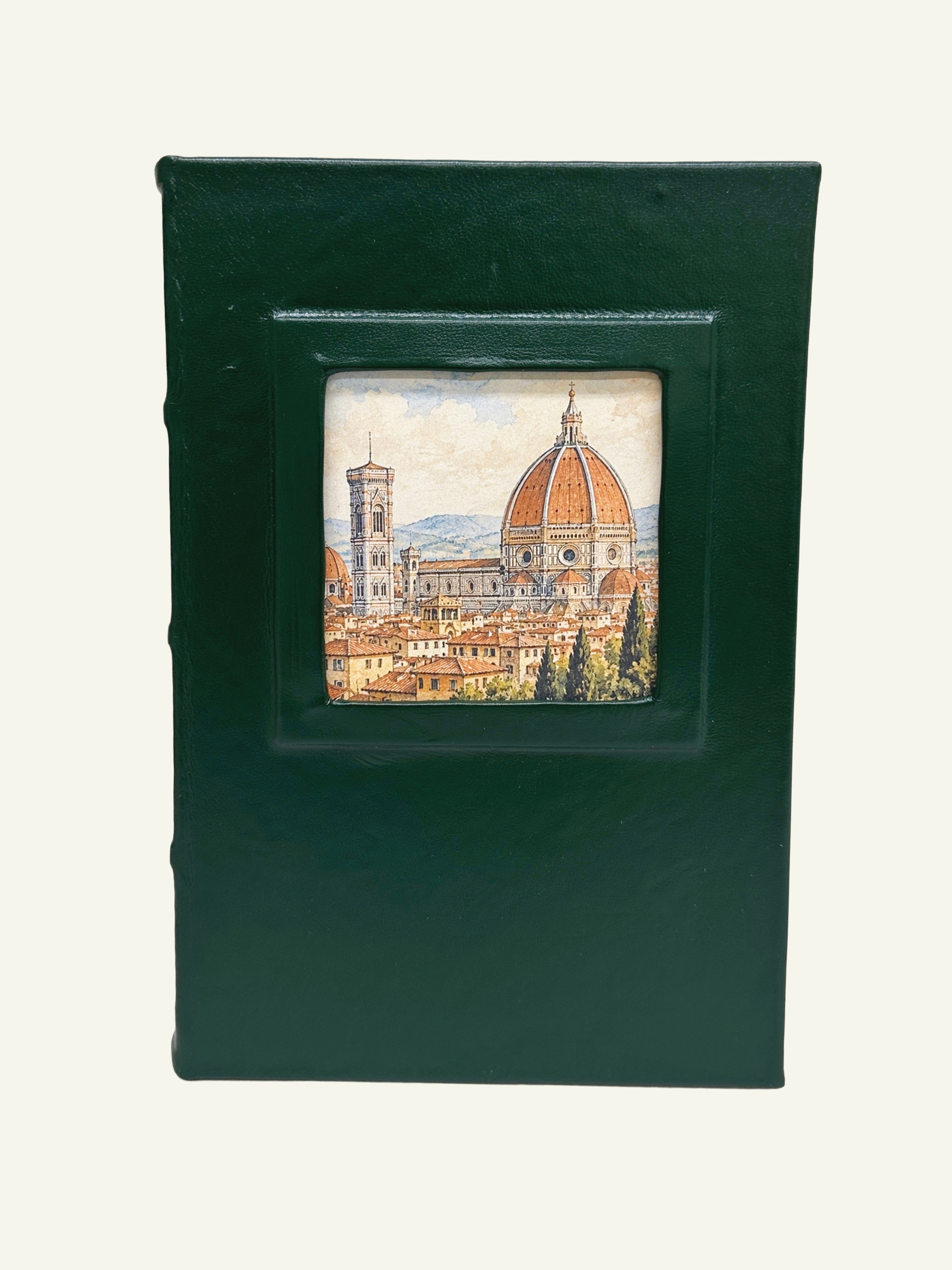 Forest green leather journal featuring Florence Cathedral and skyline artwork in the front window.