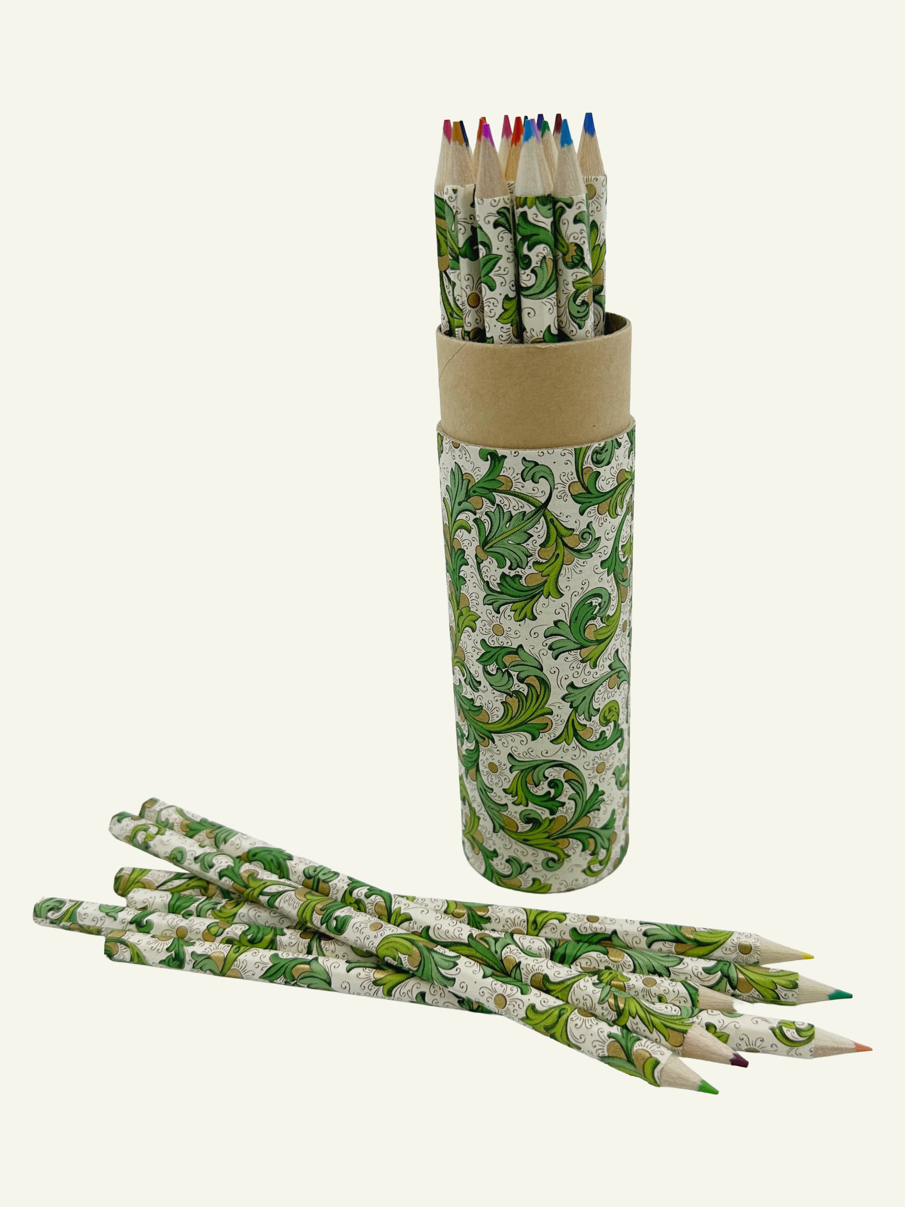 23 colored pencils stored in a matching Florentine-patterned cylindrical case inspired by Italian craftsmanship.