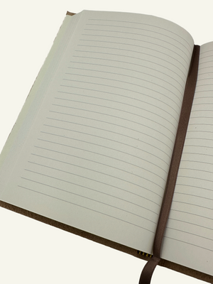 Lined writing pages and satin ribbon bookmark inside a handmade Italian leather wrap journal.
