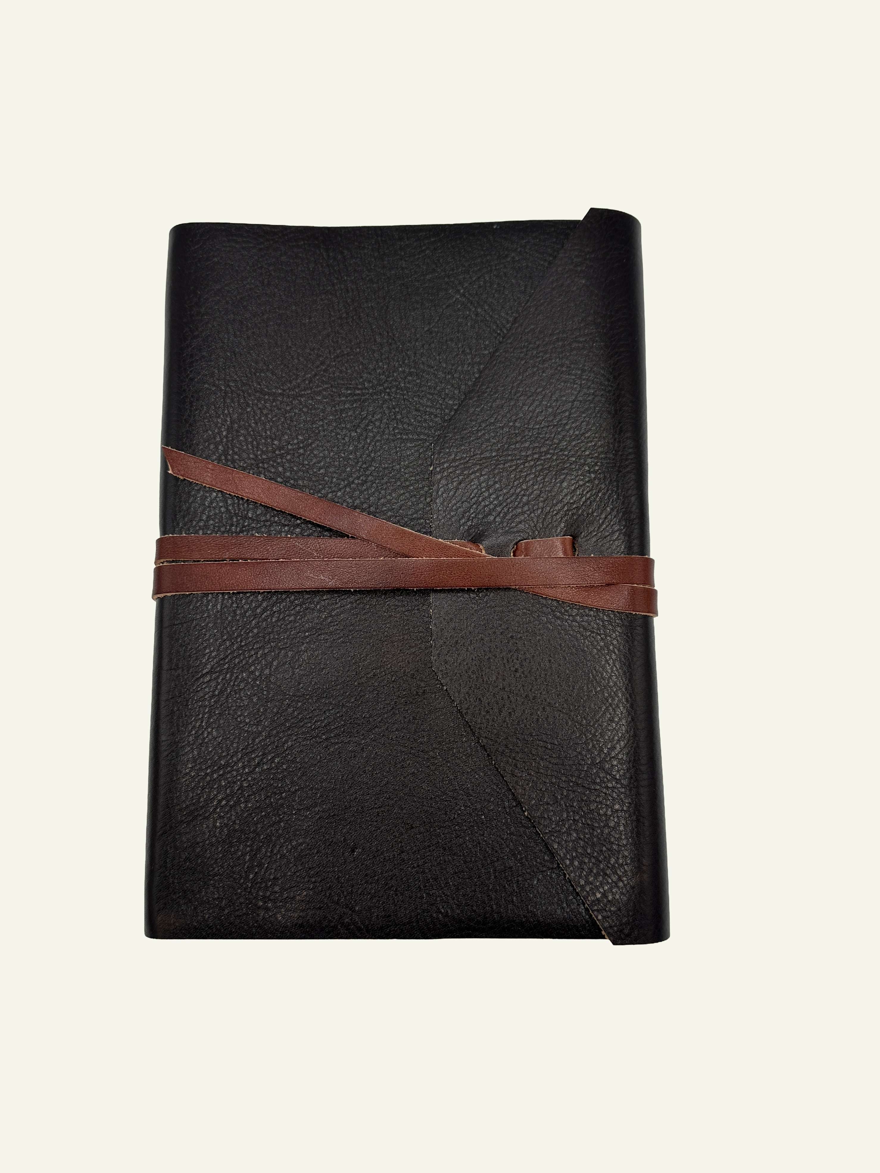 Front view of one-of-a-kind deep espresso Italian leather wrap journal with contrasting light brown leather strap.