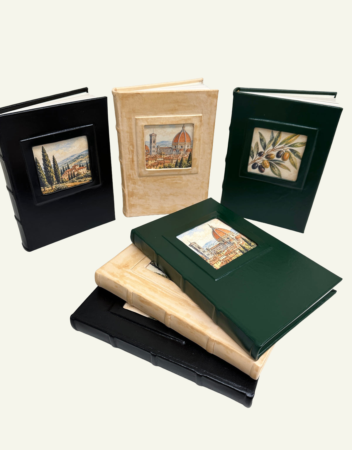 Leather journals available in black, distressed sand, and forest green with Florence artwork.