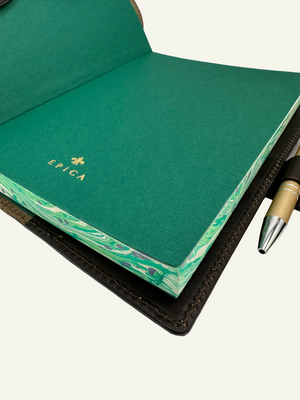Refillable Espresso Italian leather journal with Clasp Closure and Lined marbled green & ivory edges