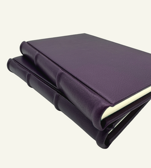 Rounded spine detail on violet leather journal 