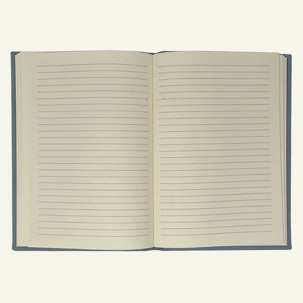 Light blue leather journal - open - ruled pages