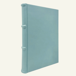 light blue leather notebook features ridged spine