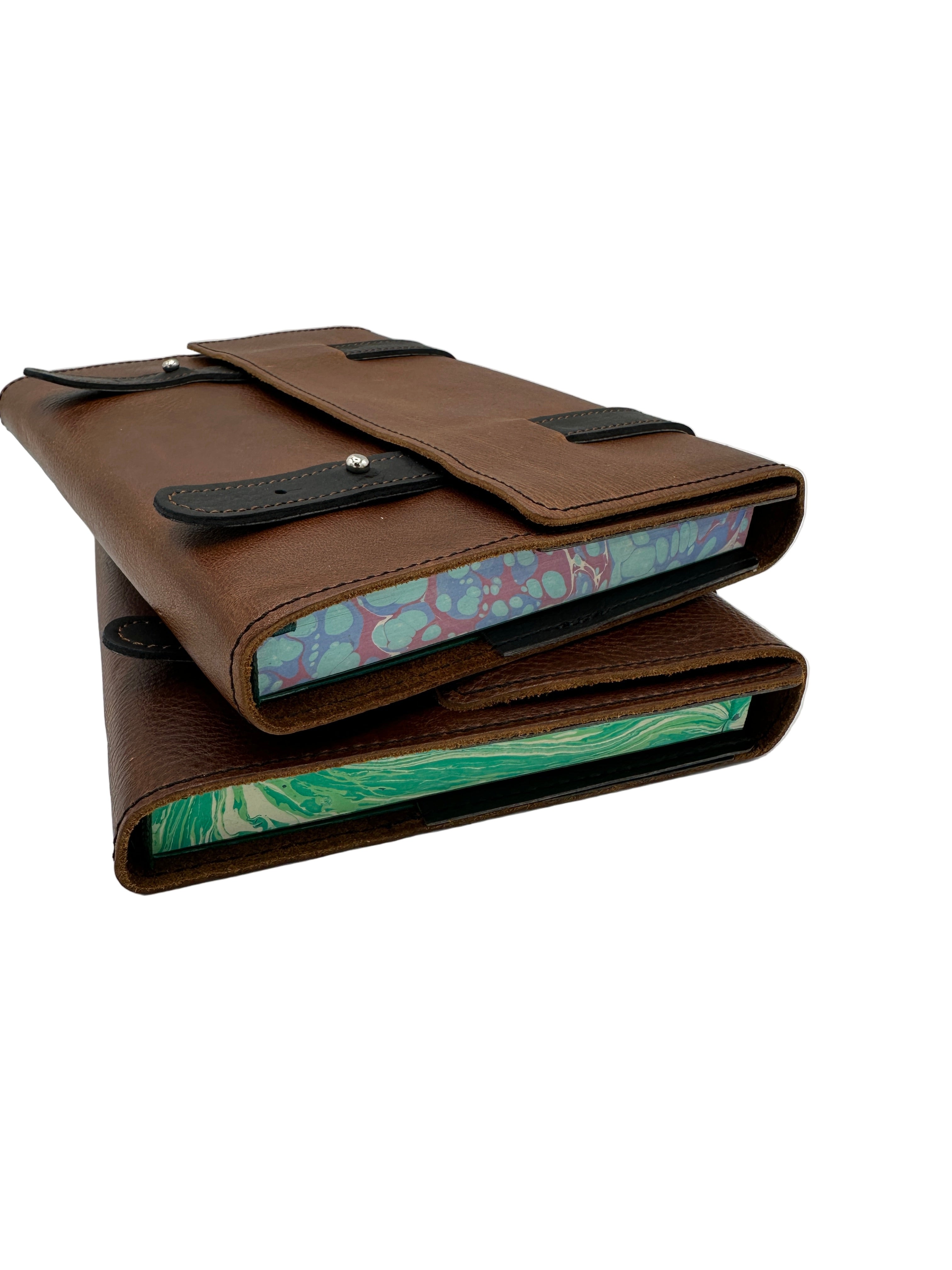 Nostalgia Notebook - Refillable Leather Journal with Black Straps and marbleized page edges 