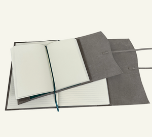 Stone taupe refillable leather journals shown open with removable lined and unlined inserts