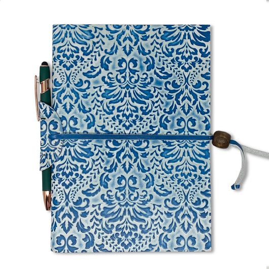 Softcover Barocco Lined Notebook With Knot Closure & Pen Holder - blue