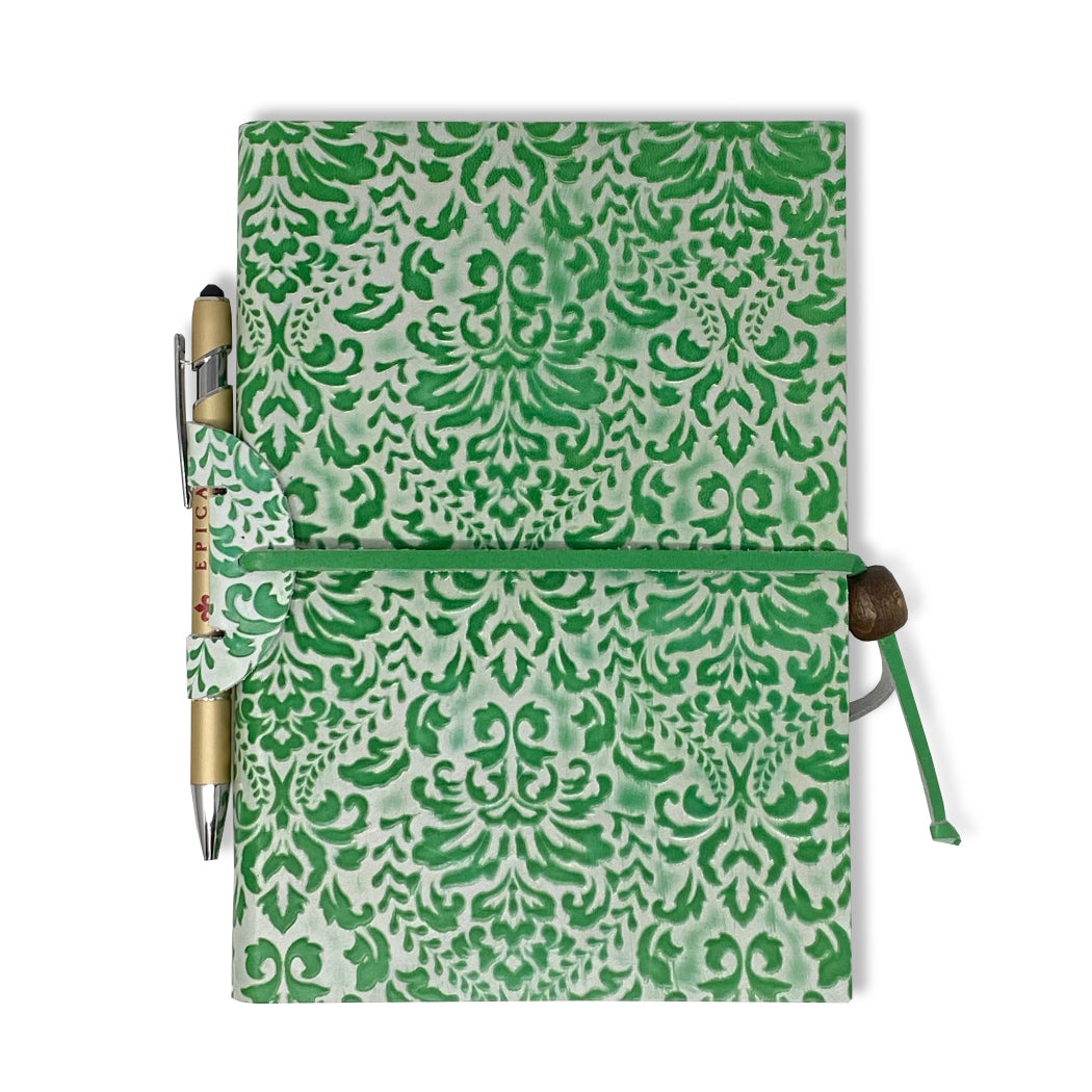 Softcover Barocco Lined Notebook With Knot Closure & Pen Holder - green