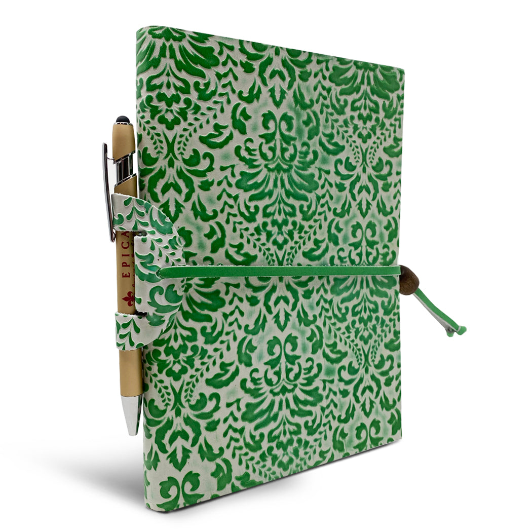 Softcover Barocco Lined Notebook With Knot Closure & Pen Holder - green 2