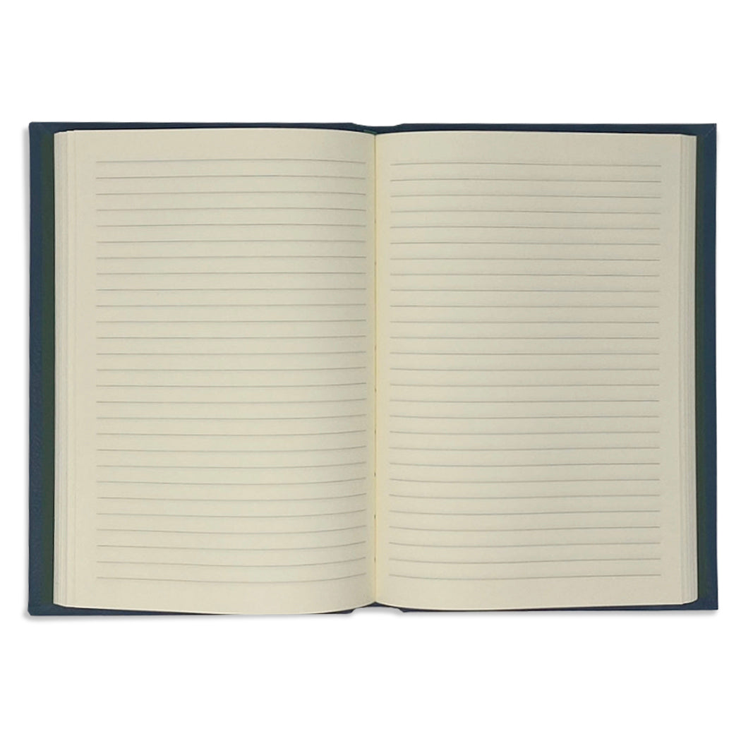 blue leather journal - open - ruled pages