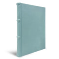 light blue leather notebook features ridged spine